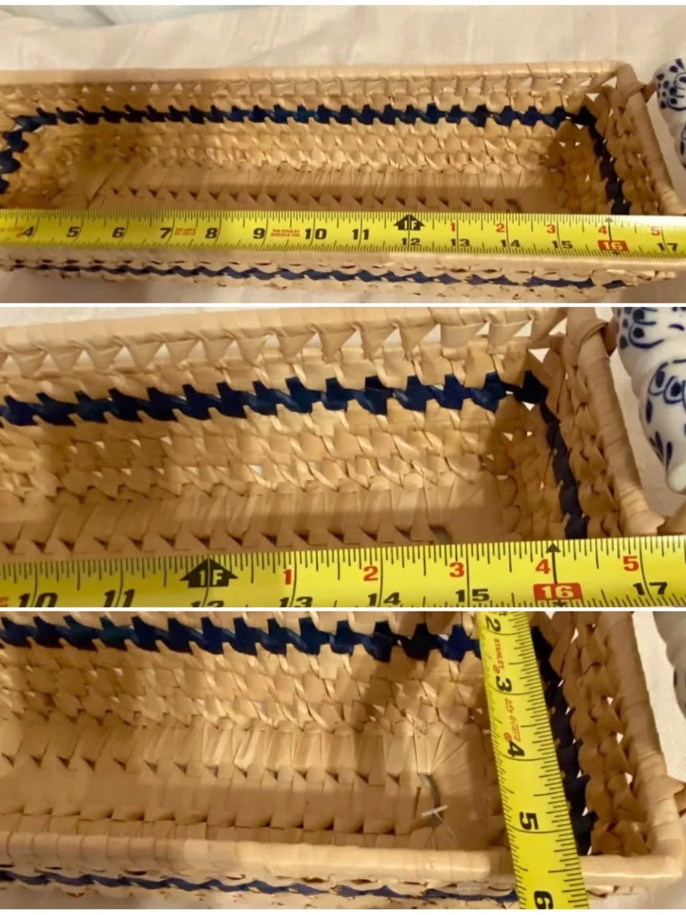 Title Vintage Blue White Chinoiserie Woven Bread Basket Ceramic Handles